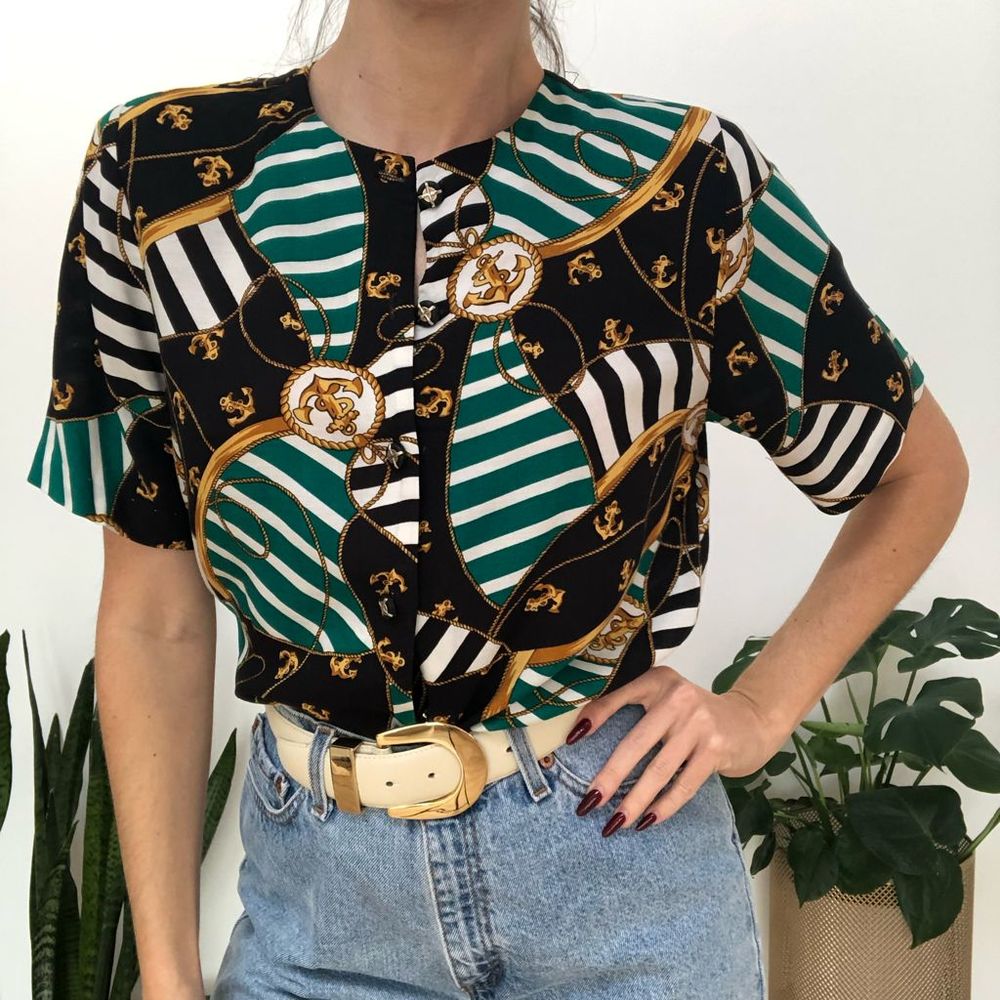 Vintage 80s nautical anchor striped blouse